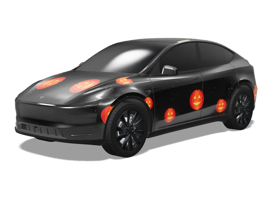 Pumpkin Patch wrap on a Tesla Model Y 2025+